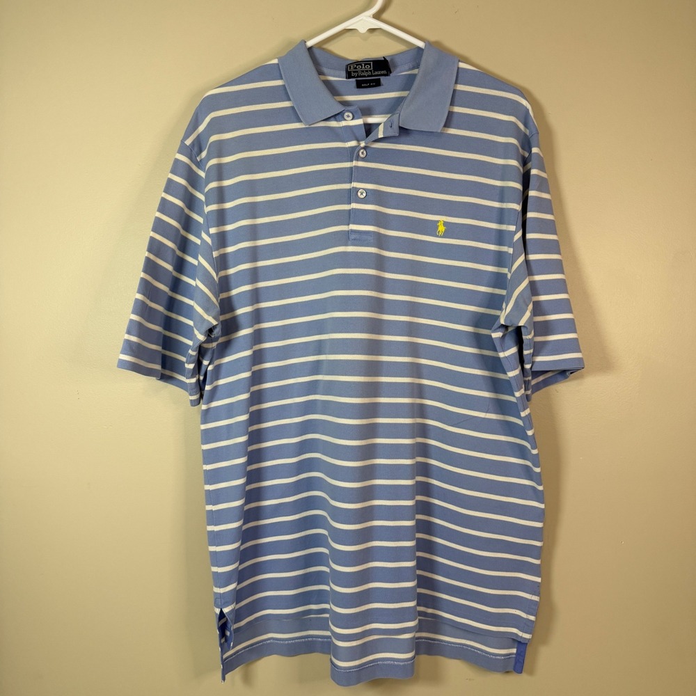 Polo Ralph Lauren Mens LG Golf‎ Fit Blue White Pima Cotton Striped Shirt